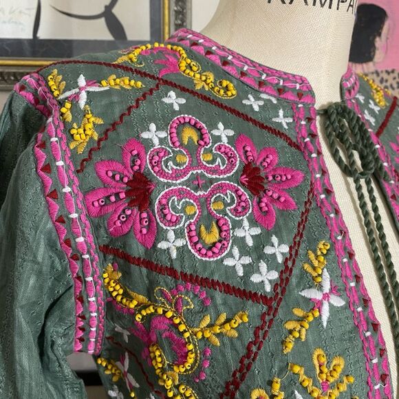 Zara Womens Size Medium Embroidered Kimono Cape Cardigan Green Pink Tie Neck NWT - Picture 7 of 10